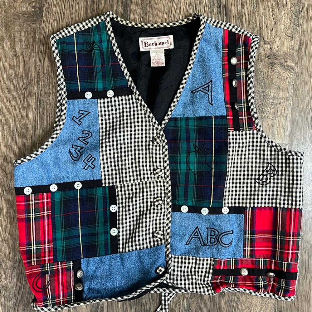 Bechamel vintage large jean plaid school‎ teacher vest 90s